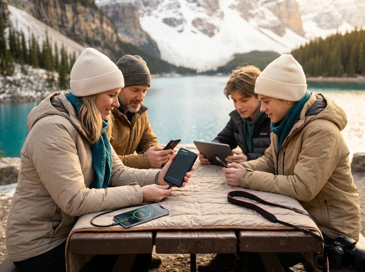 Family using a portable Wi-Fi hotspot during a Banff trip