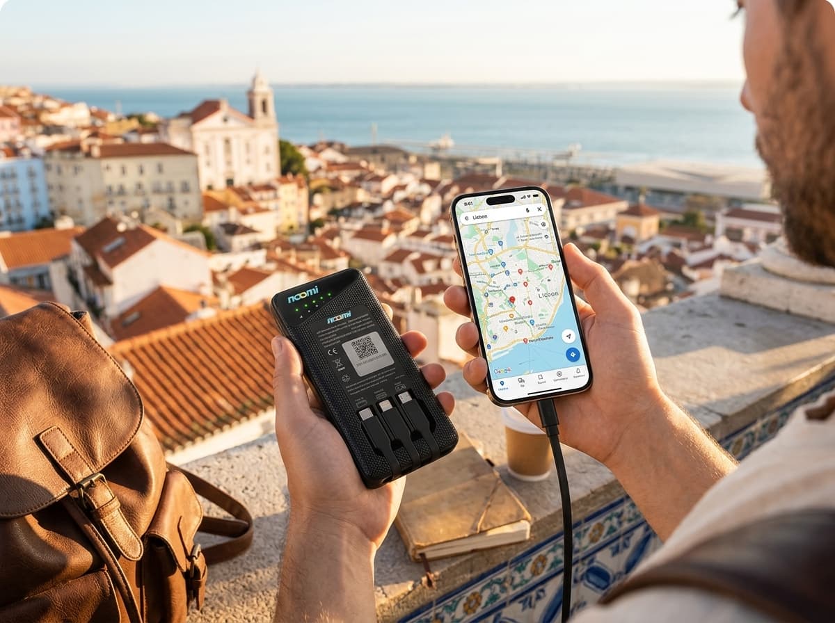 Traveler using one portable Wi-Fi hotspot in Lisbon