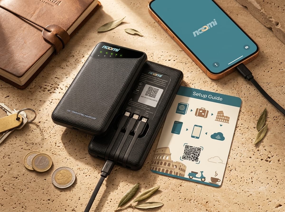 Noomi travel Wi-Fi rental device with charging cables for Italy
