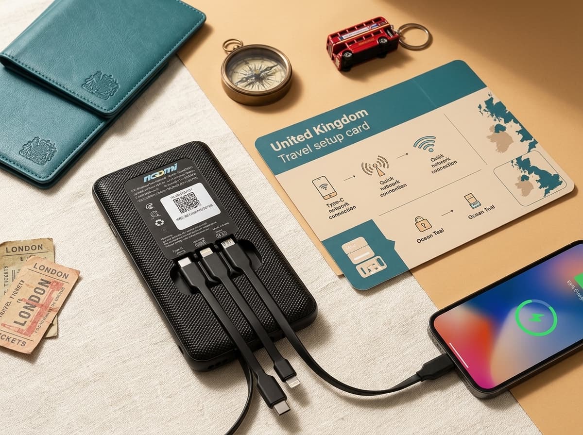 Noomi travel Wi-Fi rental device with charging cables for United Kingdom