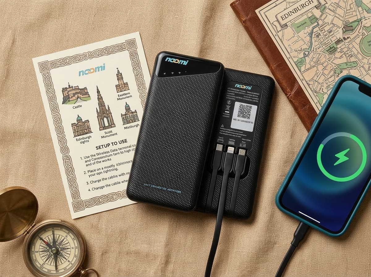 Noomi travel Wi-Fi rental device with charging cables for Edinburgh