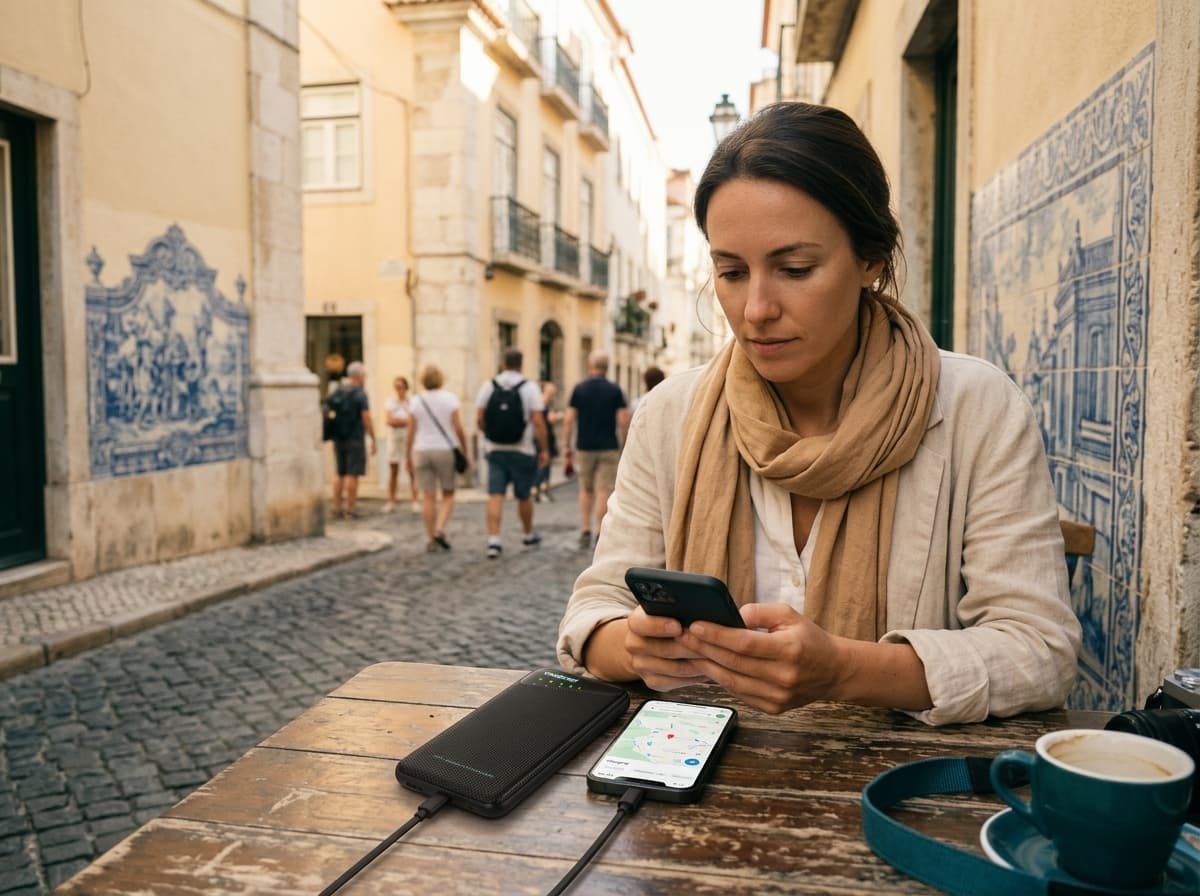 Traveler using one portable Wi-Fi hotspot in Portugal