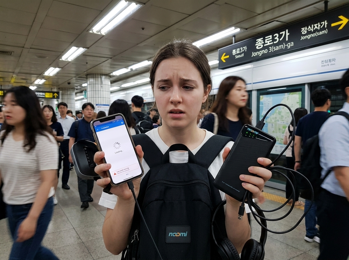 A traveler dealing with weak phone signal abroad — How to Get Internet in South Korea: A Traveler's Guide