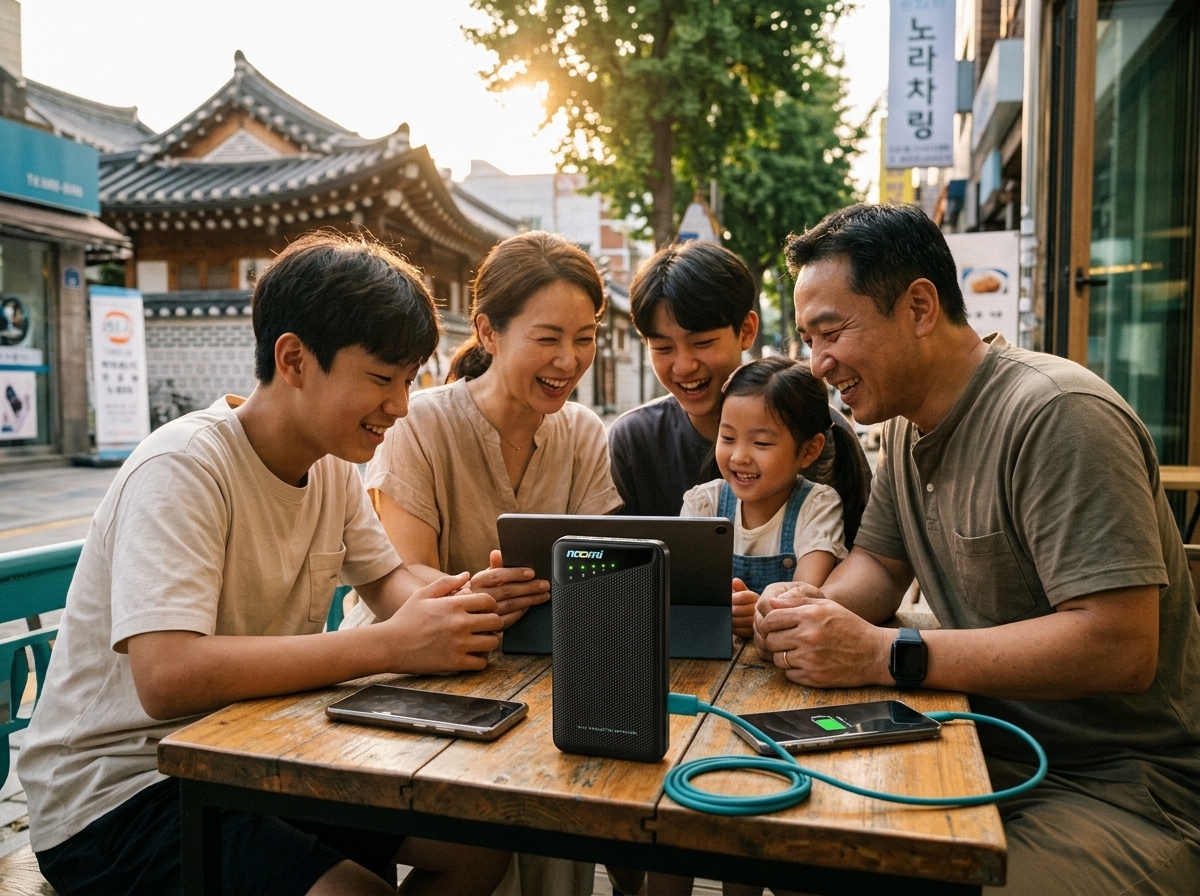 Family using a portable Wi-Fi hotspot during a seoul trip