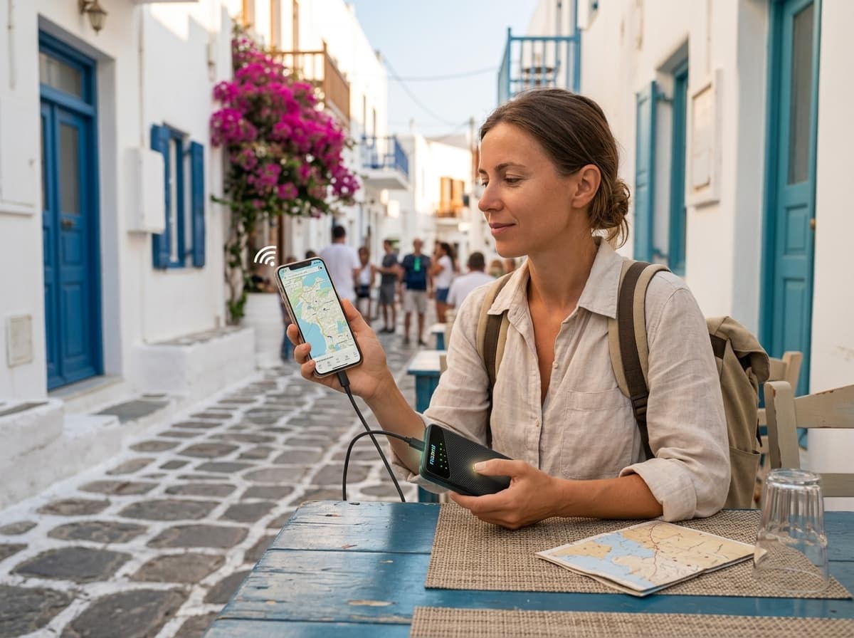 Traveler using one portable Wi-Fi hotspot in Mykonos