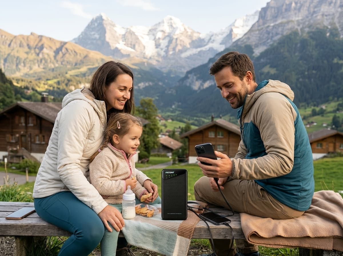 Family using a portable Wi-Fi hotspot during a Interlaken trip