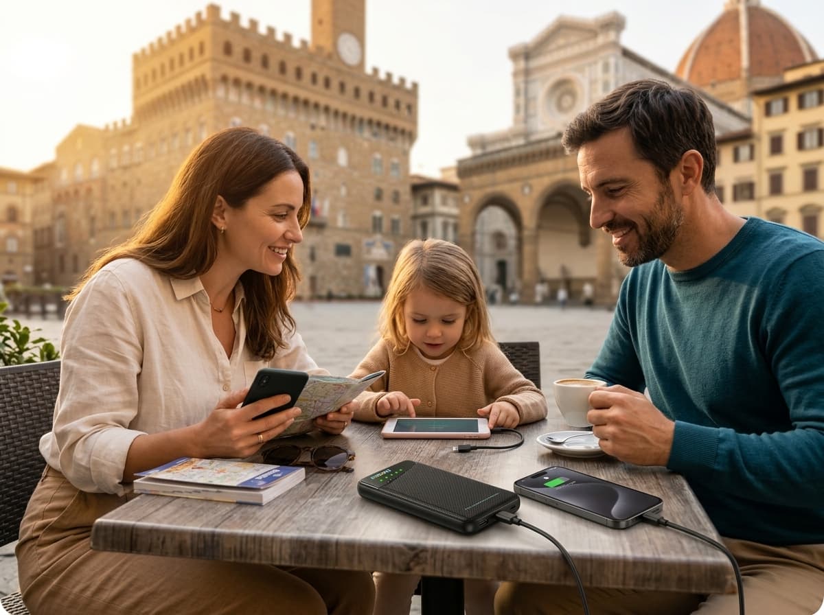 Family using a portable Wi-Fi hotspot during a Florence trip