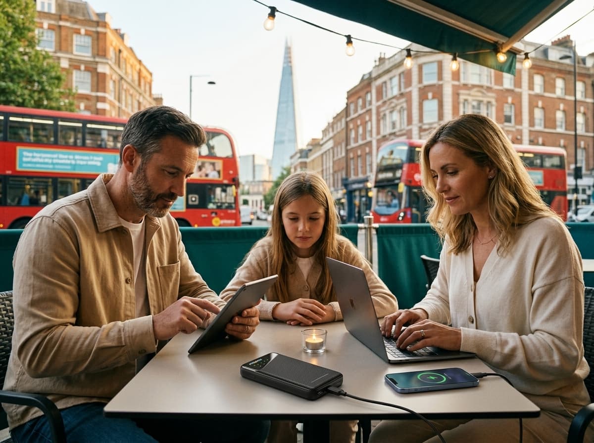 Family using a portable Wi-Fi hotspot during a United Kingdom trip