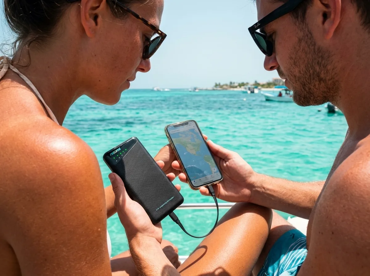 The Noomi device keeping a phone connected and charged while traveling — Internet in Mexico for Tourists: The Honest 2026–2027 Guide
