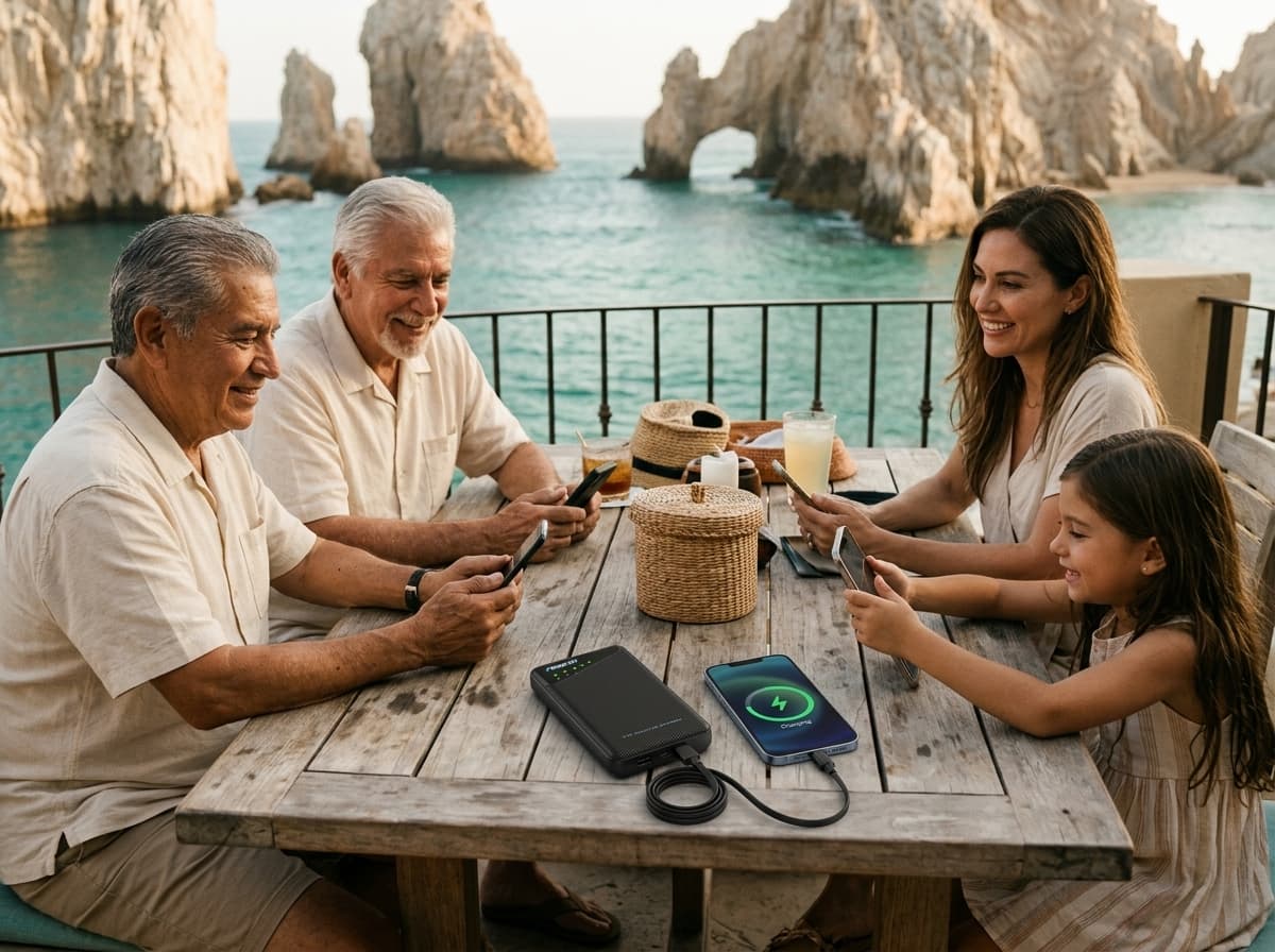 Family using a portable Wi-Fi hotspot during a Cabo San Lucas trip