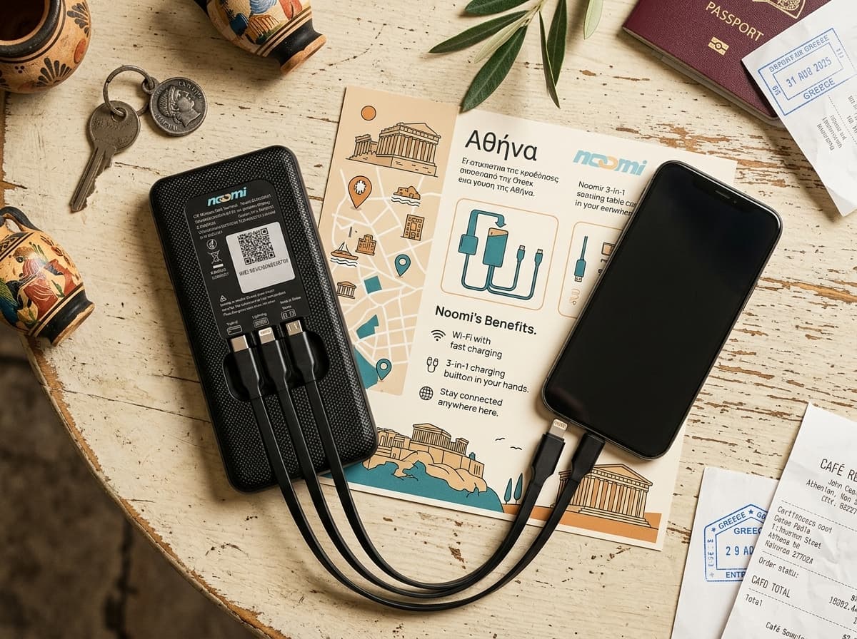 Noomi travel Wi-Fi rental device with charging cables for Greece