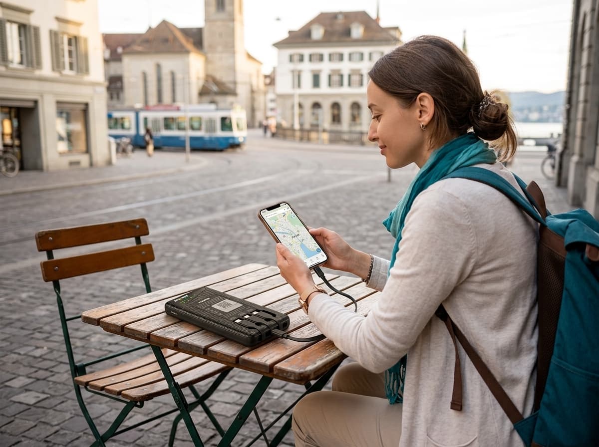 Traveler using one portable Wi-Fi hotspot in Switzerland