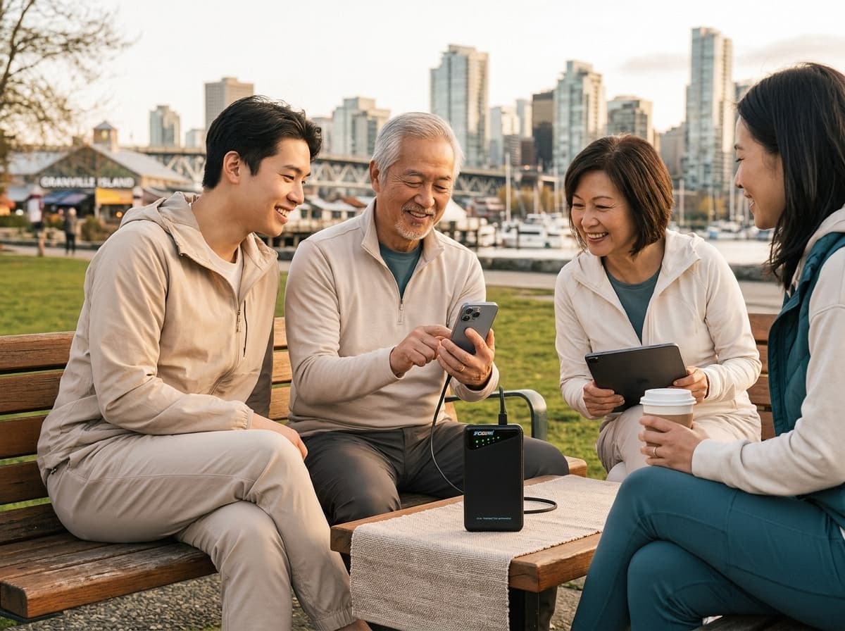 Family using a portable Wi-Fi hotspot during a Vancouver trip