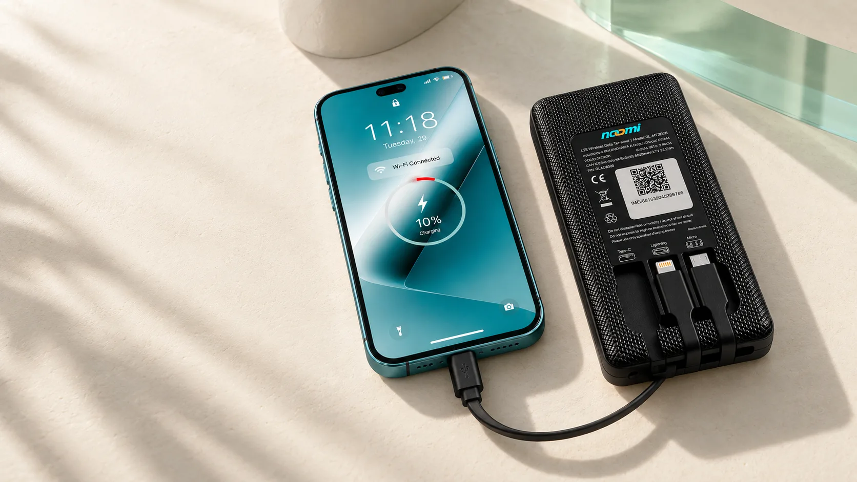 The Noomi pocket Wi-Fi hotspot and power bank device