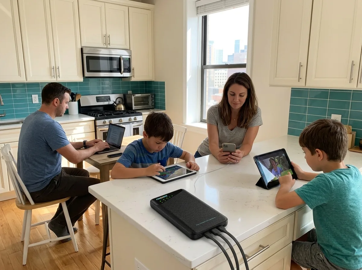 The Noomi device keeping a phone connected and charged while traveling — Get a Noomi Hotspot Delivered to Your Hotel for a USA Trip