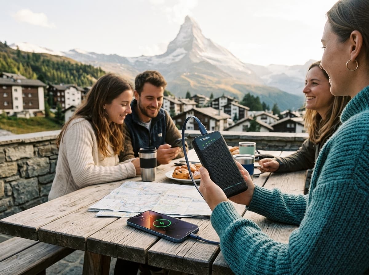 Family using a portable Wi-Fi hotspot during a Zermatt trip