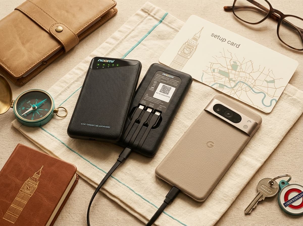 Noomi travel Wi-Fi rental device with charging cables for London