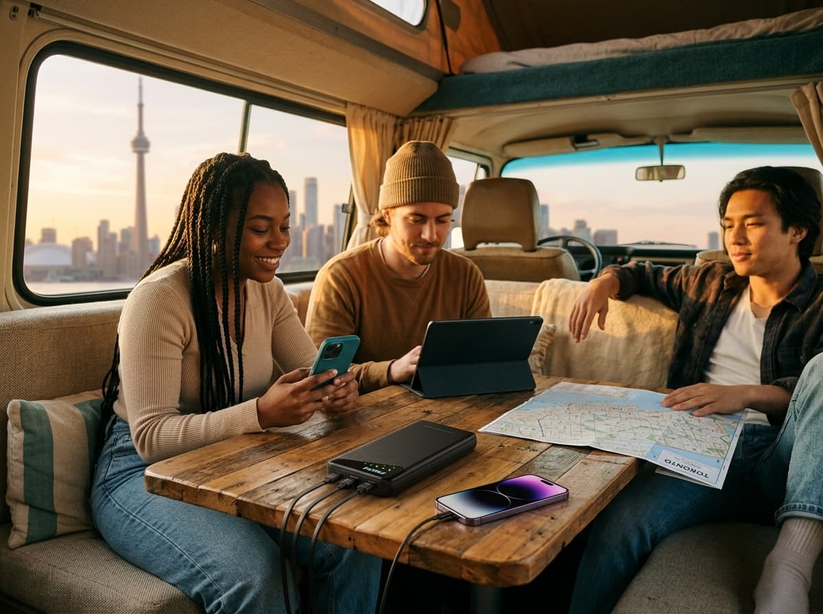 Family using a portable Wi-Fi hotspot during a Canada trip
