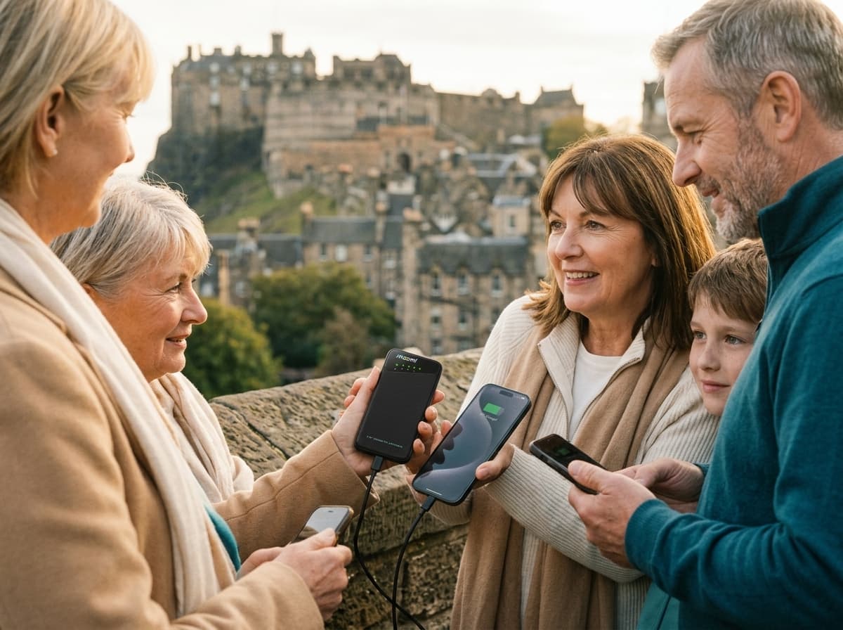 Family using a portable Wi-Fi hotspot during a Edinburgh trip