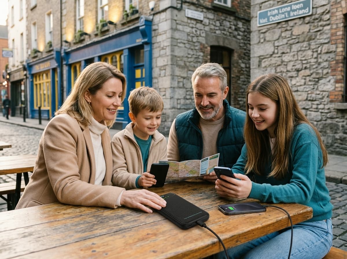 Family using a portable Wi-Fi hotspot during a Ireland trip