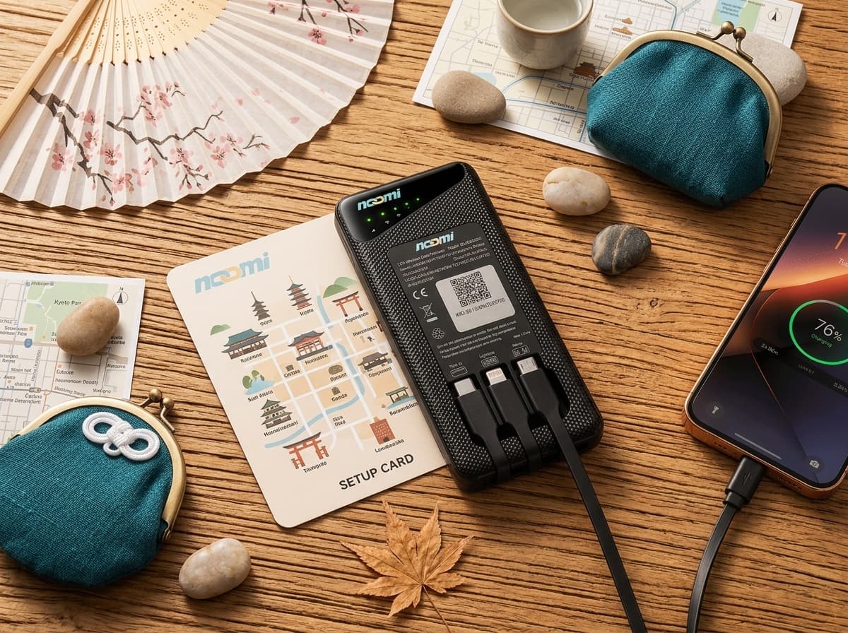 Noomi travel Wi-Fi rental device with charging cables for Kyoto