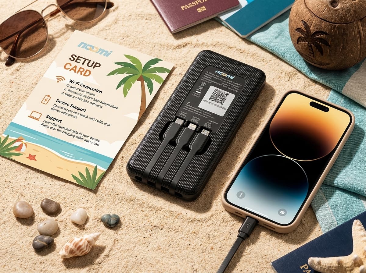 Noomi travel Wi-Fi rental device with charging cables for Cancun