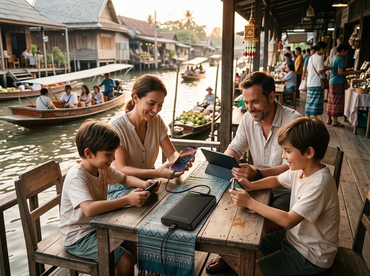 Family using a portable Wi-Fi hotspot during a Thailand trip