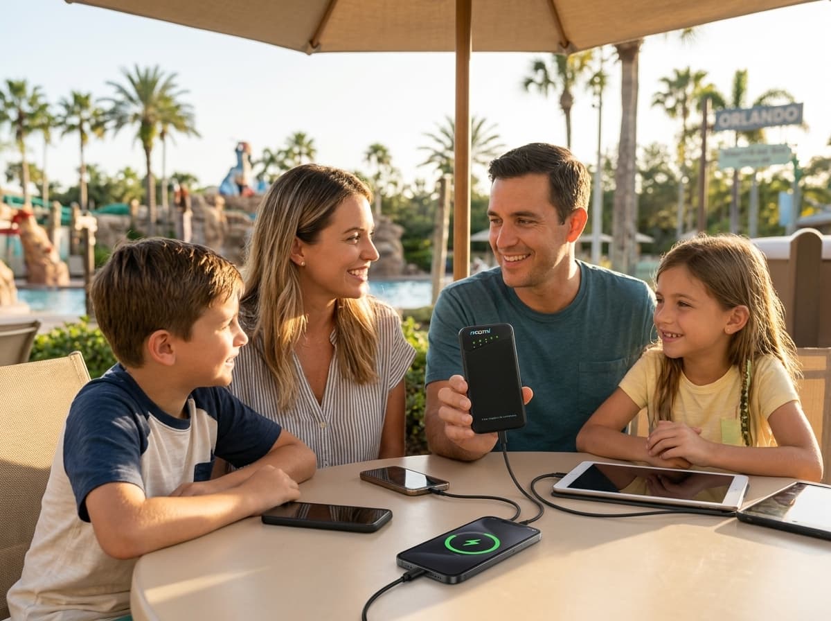 Family using a portable Wi-Fi hotspot during a Orlando trip