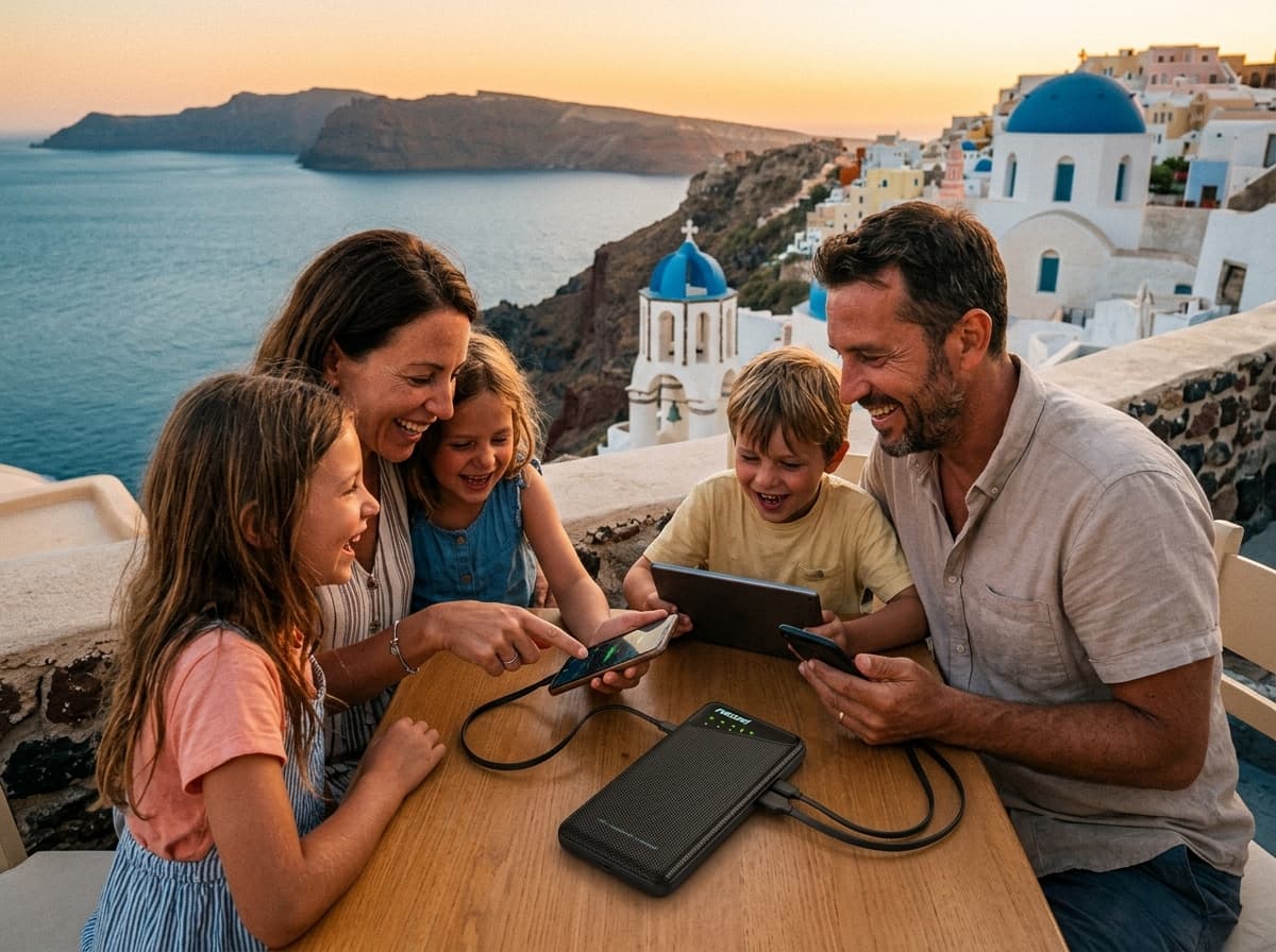 Family using a portable Wi-Fi hotspot during a Santorini trip