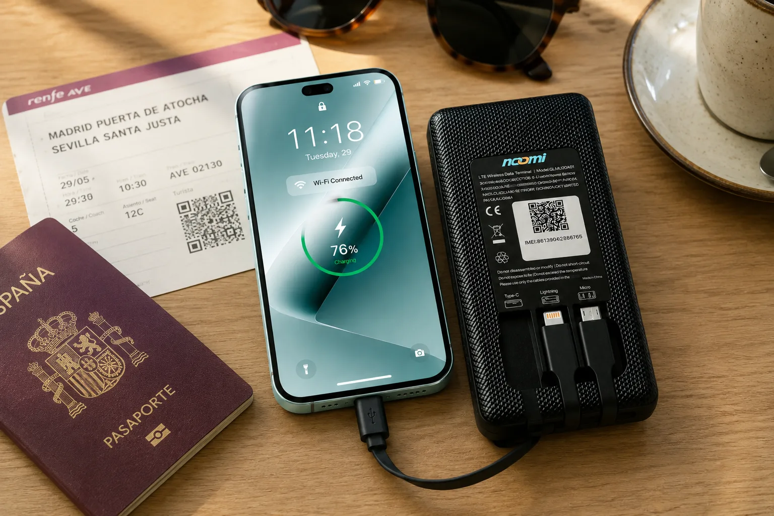 Noomi travel Wi-Fi rental device with charging cables for Spain