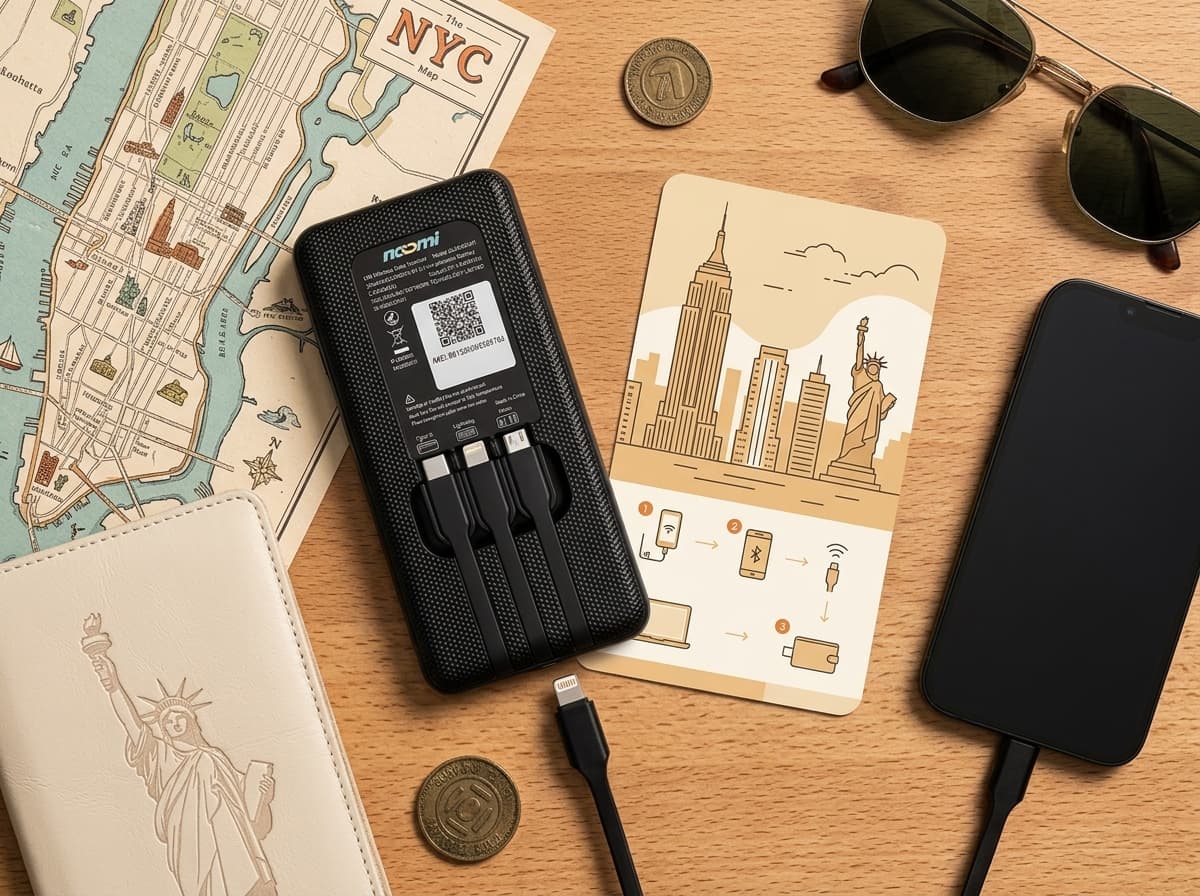 Noomi travel Wi-Fi rental device with charging cables for New York City