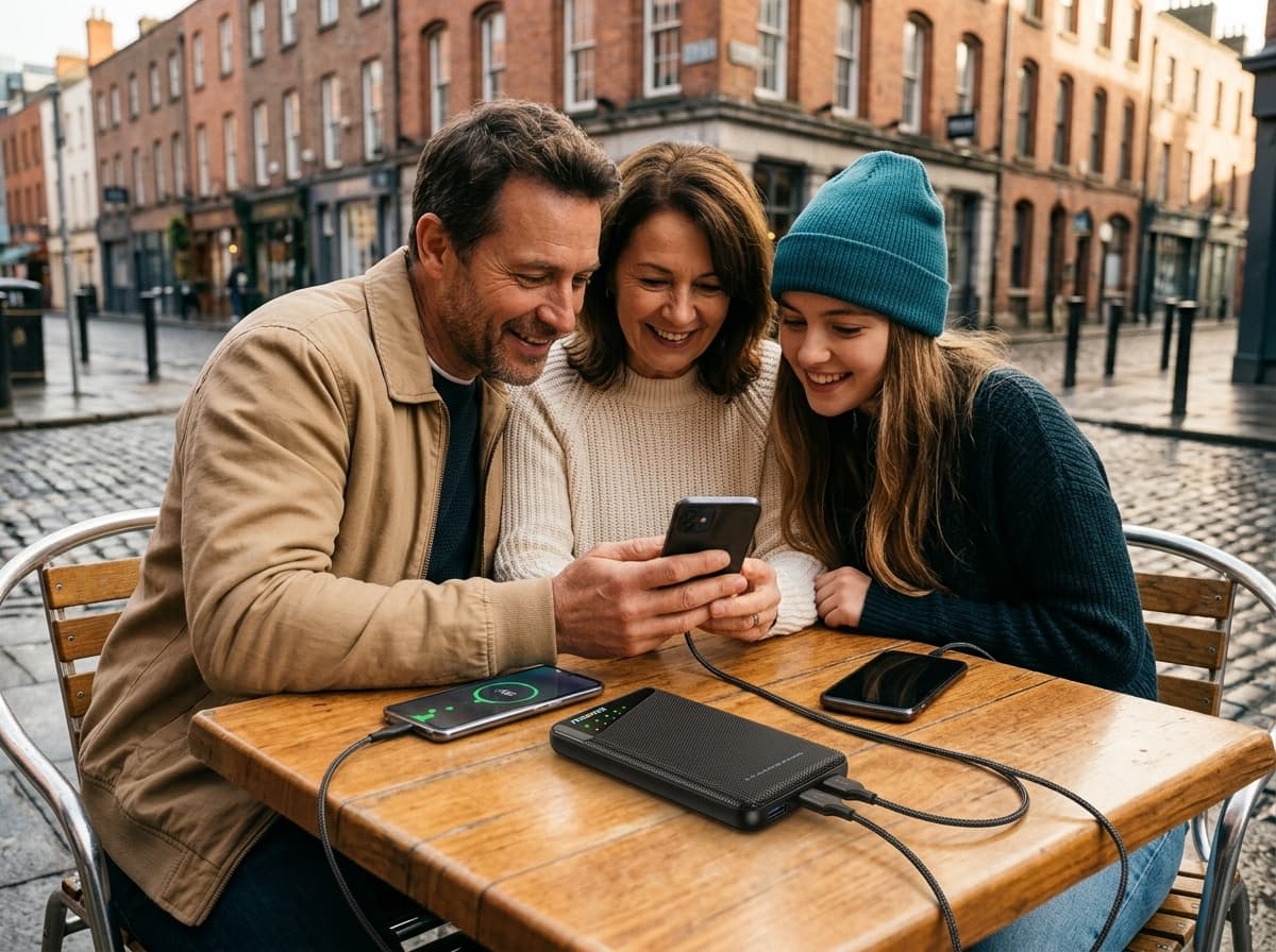 Family using a portable Wi-Fi hotspot during a Dublin trip