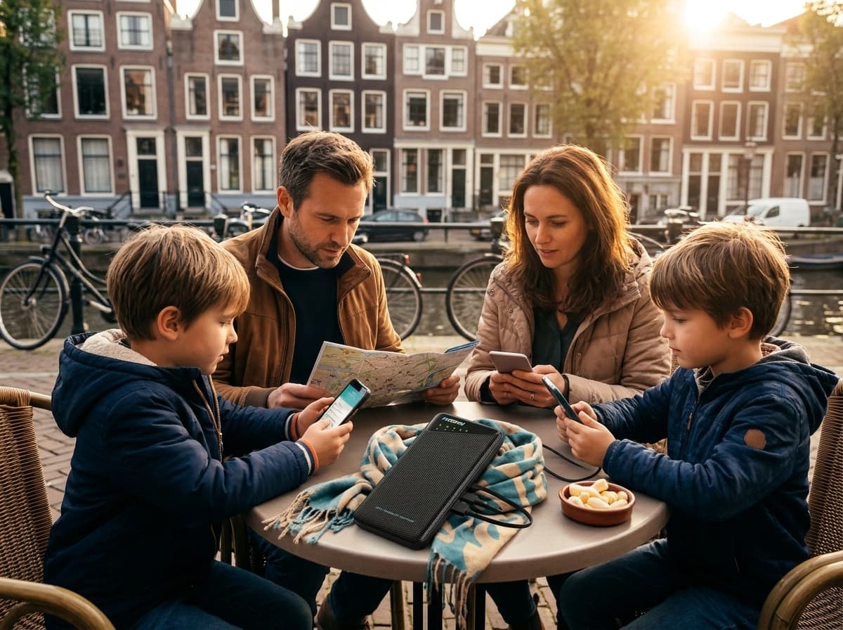 Family using a portable Wi-Fi hotspot during a Netherlands trip