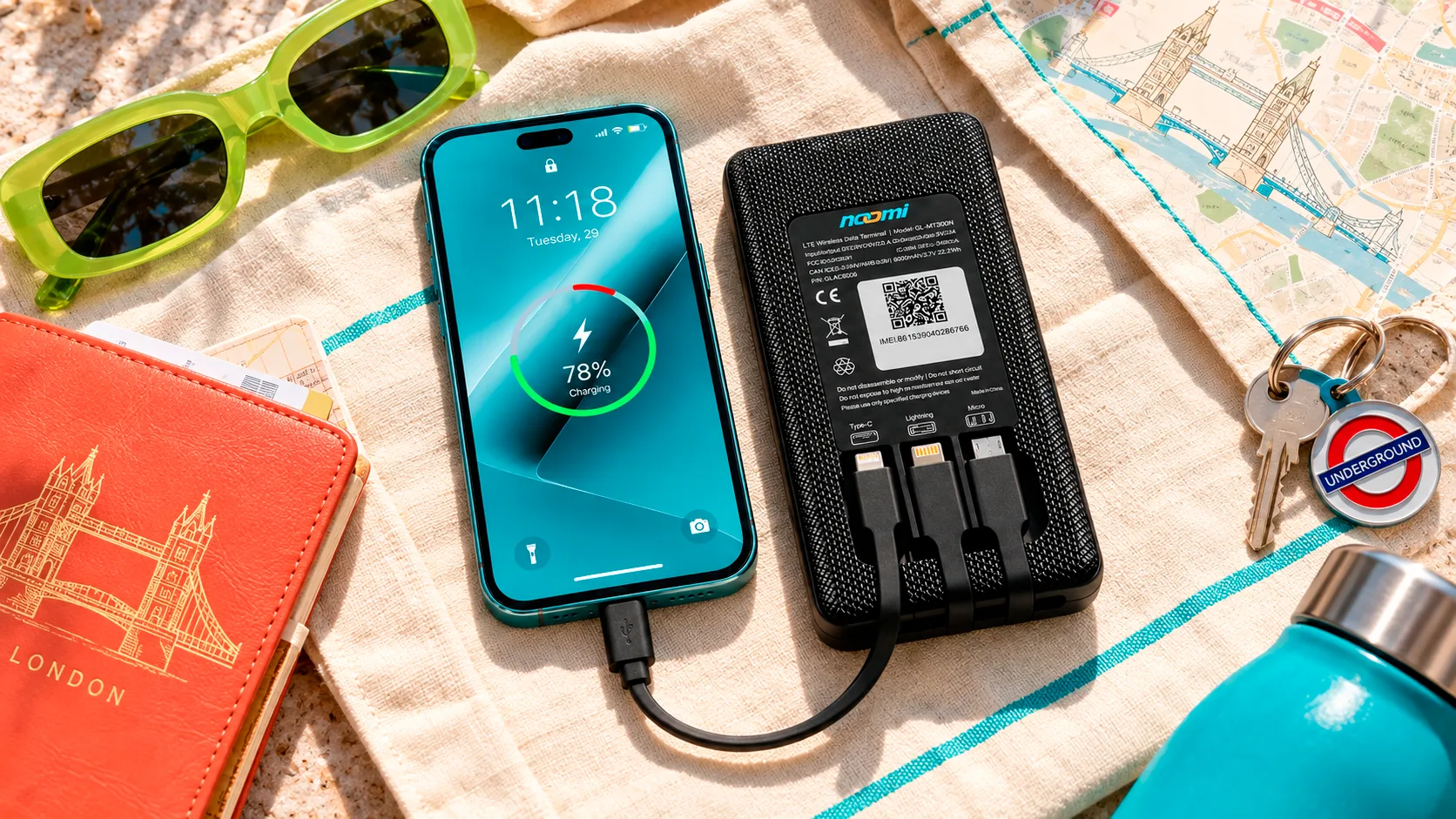 Noomi travel Wi-Fi rental device with charging cables for London