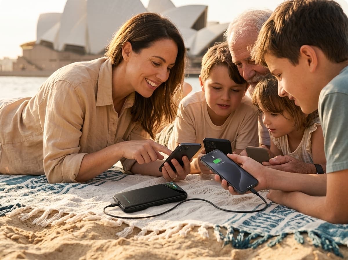 Family using a portable Wi-Fi hotspot during a Oceania trip