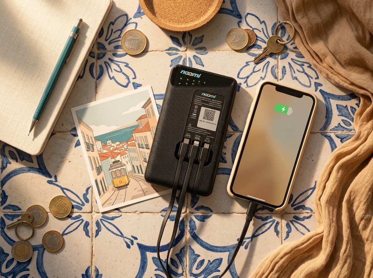 Noomi travel Wi-Fi rental device with charging cables for Portugal