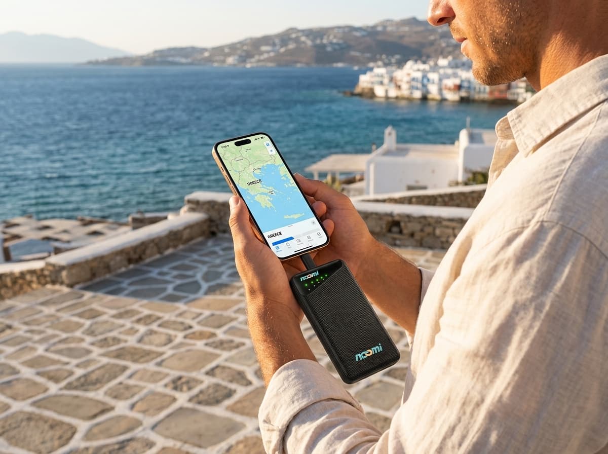 Traveler using one portable Wi-Fi hotspot in Greece