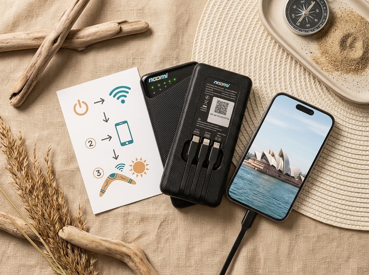 Noomi travel Wi-Fi rental device with charging cables for Oceania