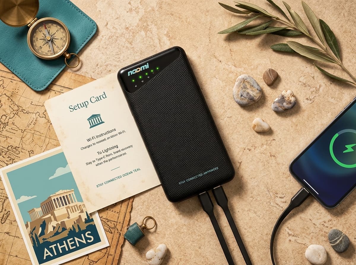 Noomi travel Wi-Fi rental device with charging cables for Athens