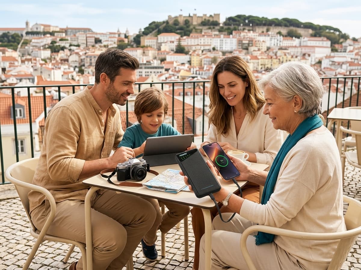 Family using a portable Wi-Fi hotspot during a Portugal trip