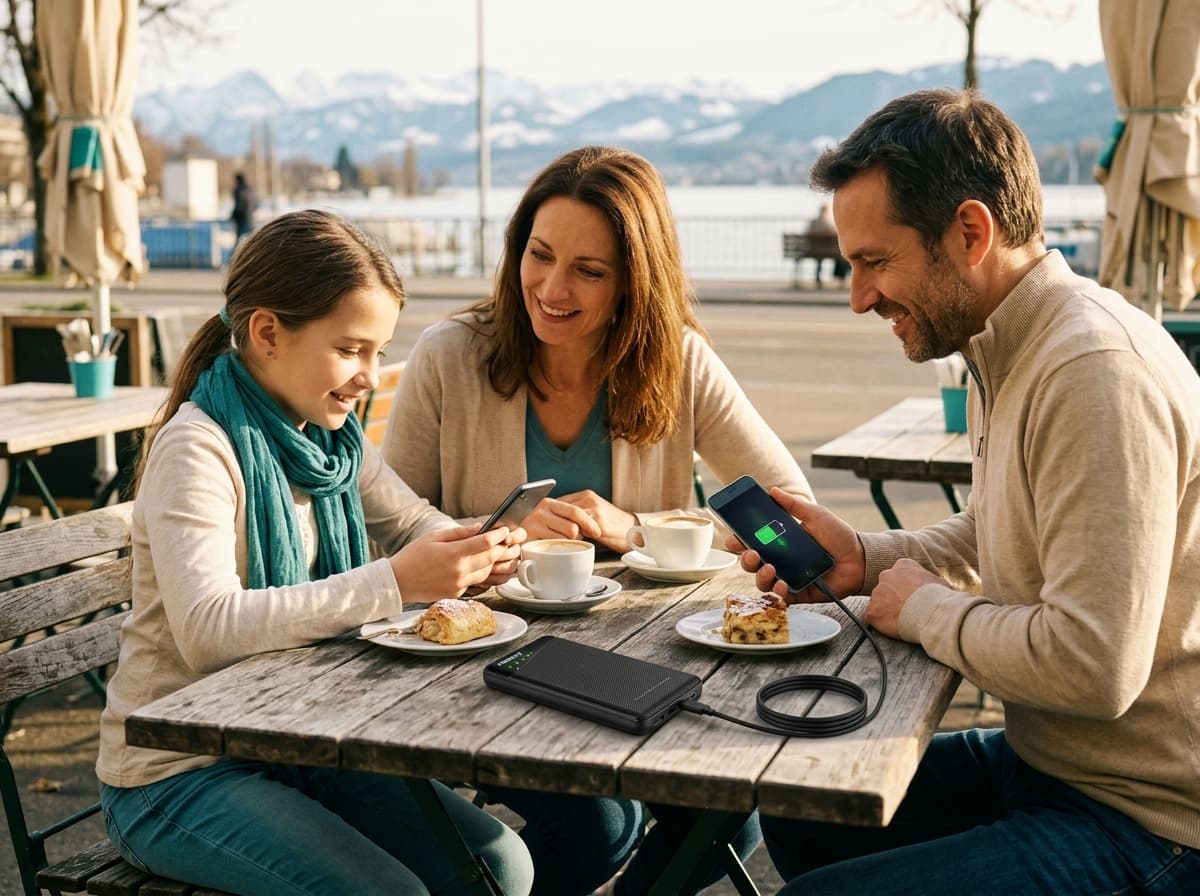 Family using a portable Wi-Fi hotspot during a Switzerland trip