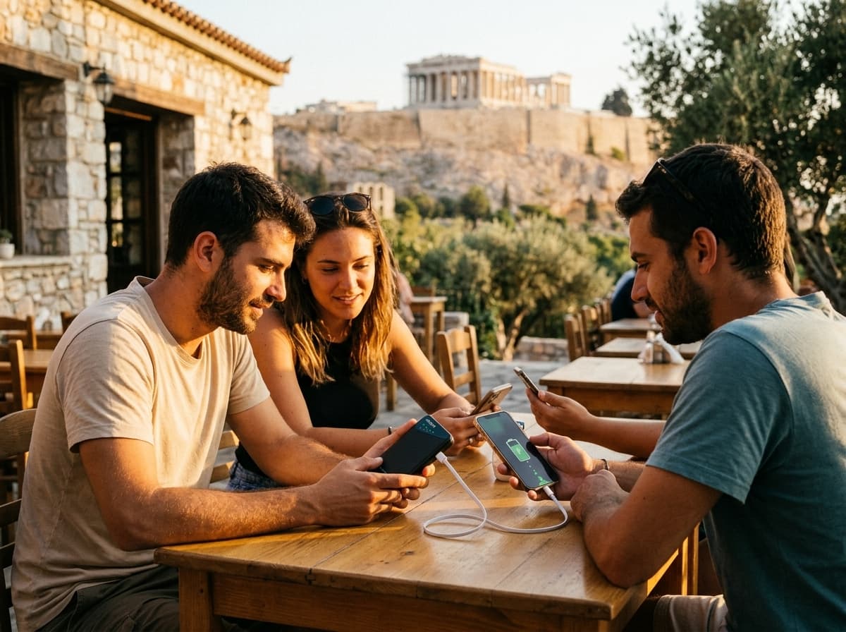 Family using a portable Wi-Fi hotspot during a Greece trip