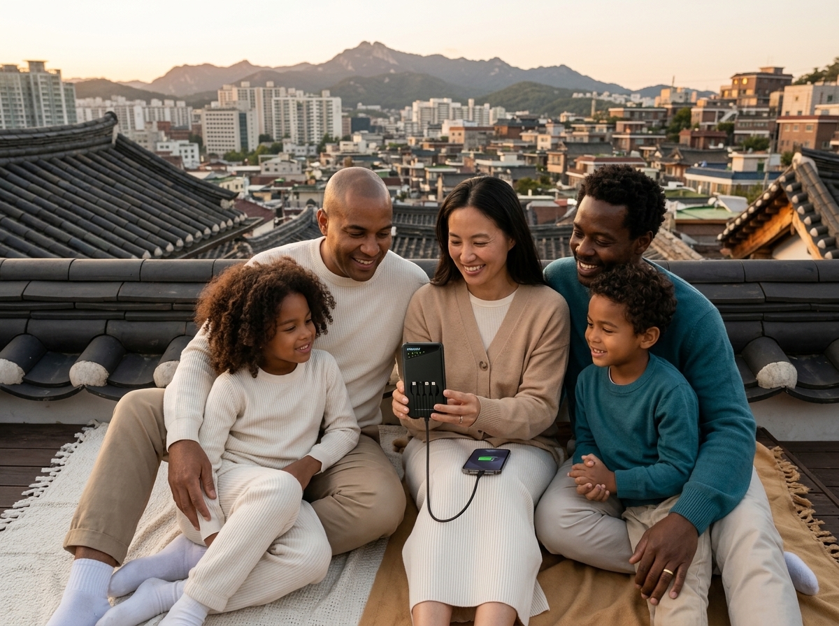 Family using a portable Wi-Fi hotspot during a south-korea trip