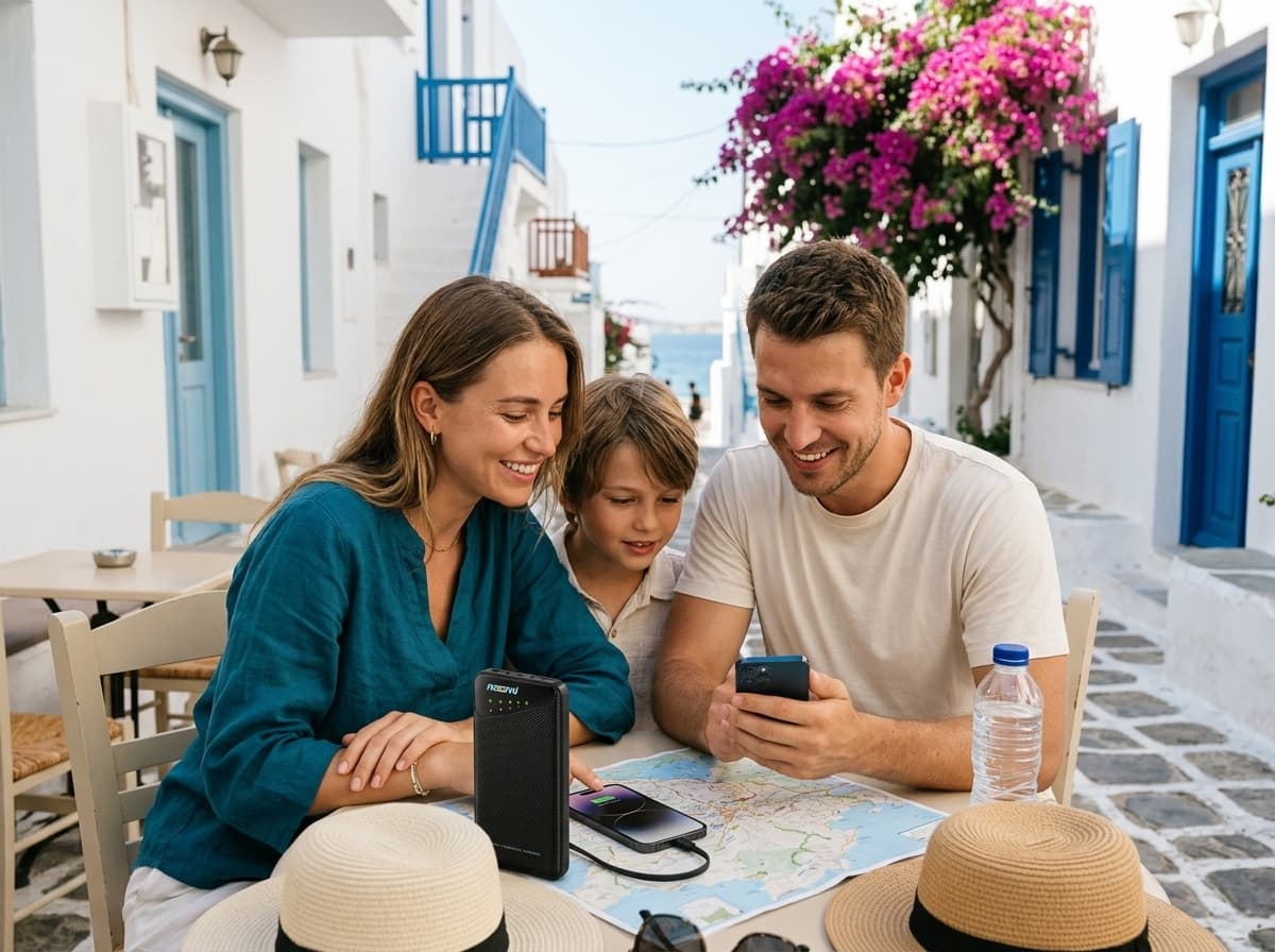 Family using a portable Wi-Fi hotspot during a Mykonos trip