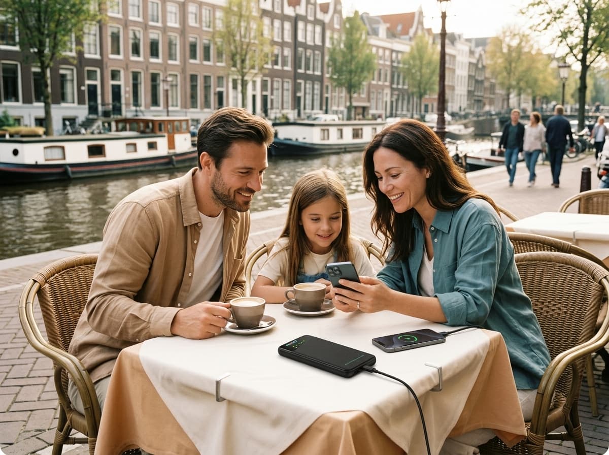 Family using a portable Wi-Fi hotspot during a Amsterdam trip