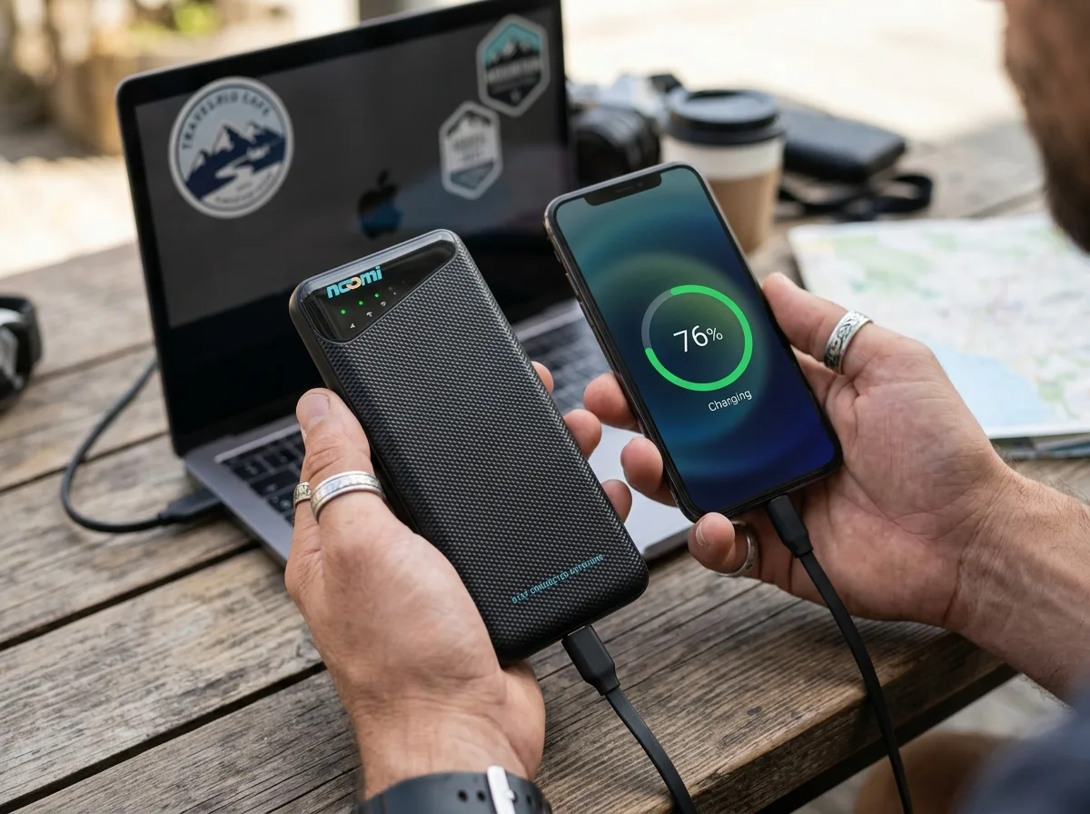 The Noomi device keeping a phone connected and charged while traveling — How to Choose the Best Portable Mobile Hotspot for Remote Work & Travel
