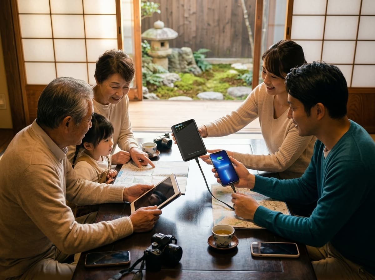 Family using a portable Wi-Fi hotspot during a Kyoto trip