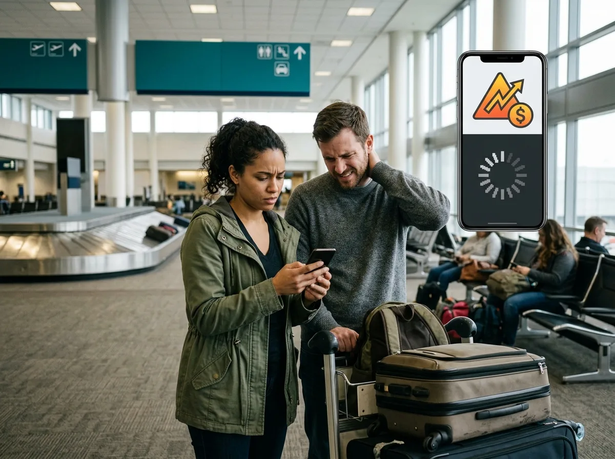 A traveler dealing with weak phone signal abroad — Get a Noomi Hotspot Delivered to Your Hotel for a USA Trip