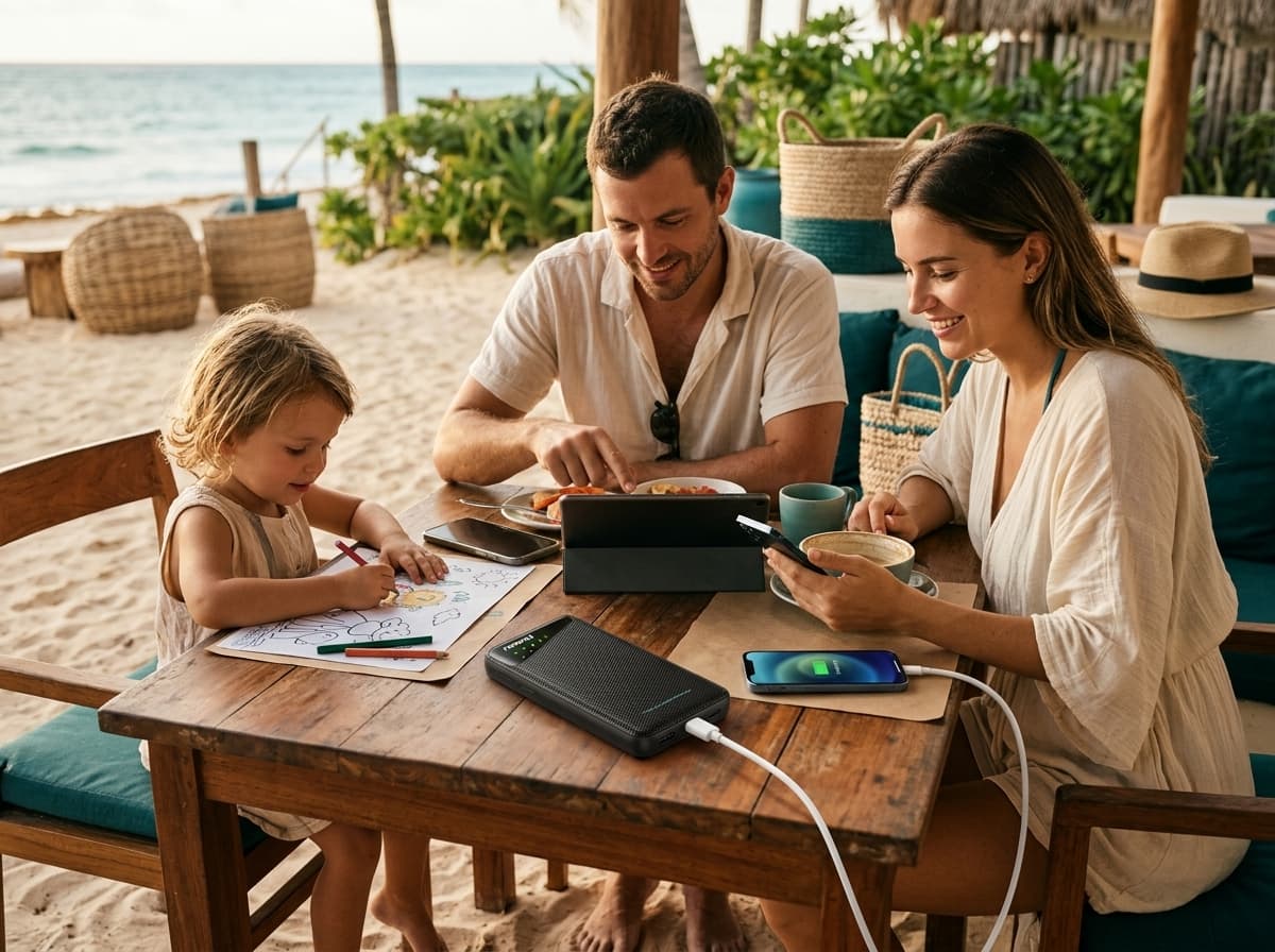 Family using a portable Wi-Fi hotspot during a Cancun trip
