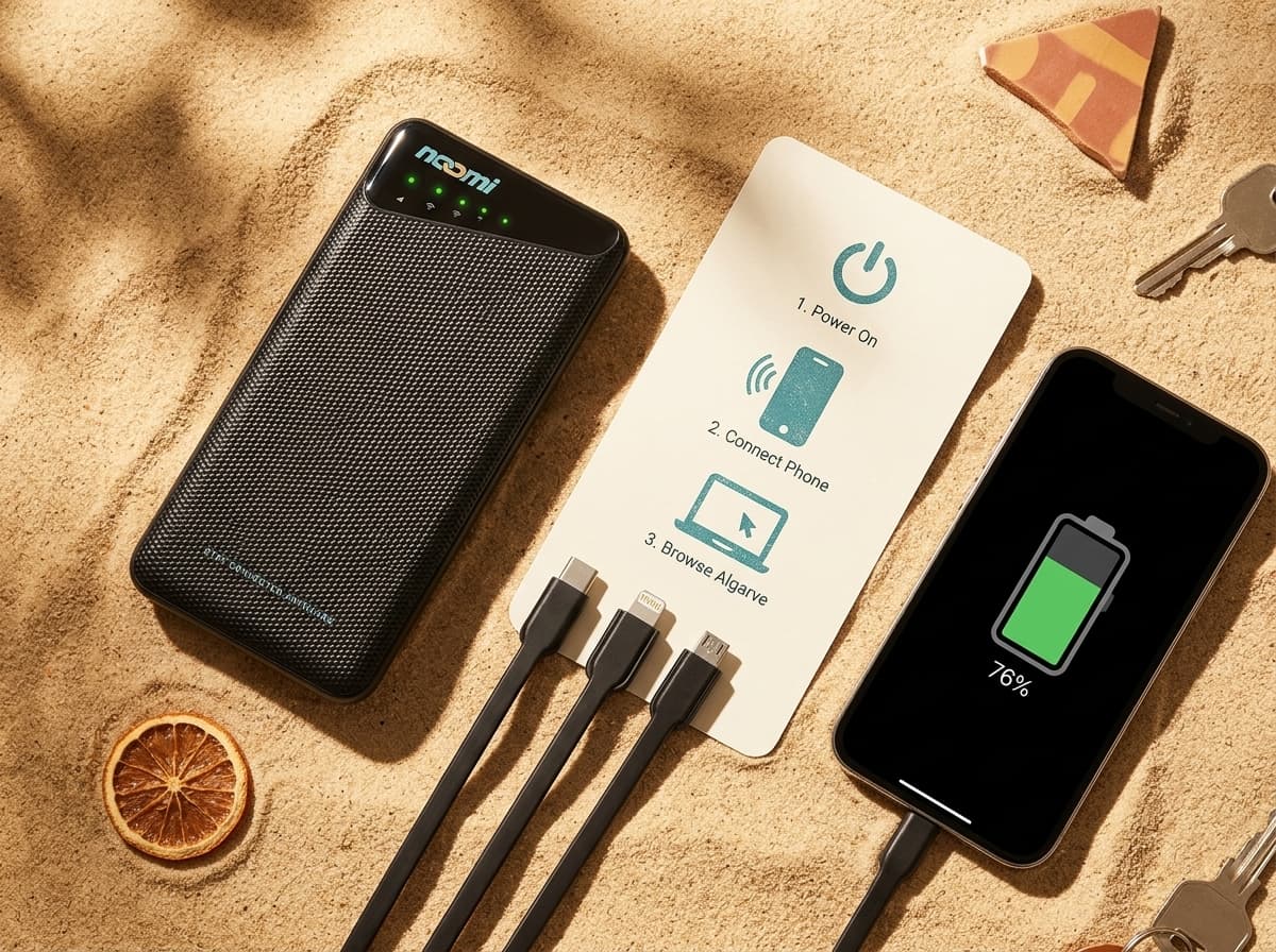 Noomi travel Wi-Fi rental device with charging cables for Algarve